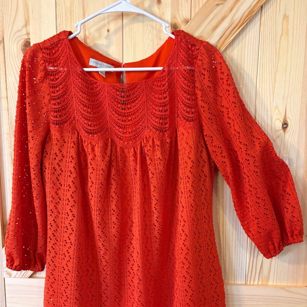 London Times Orange Lace Dress 3/4 Sleeve Round Neck Fully Lined Size 12